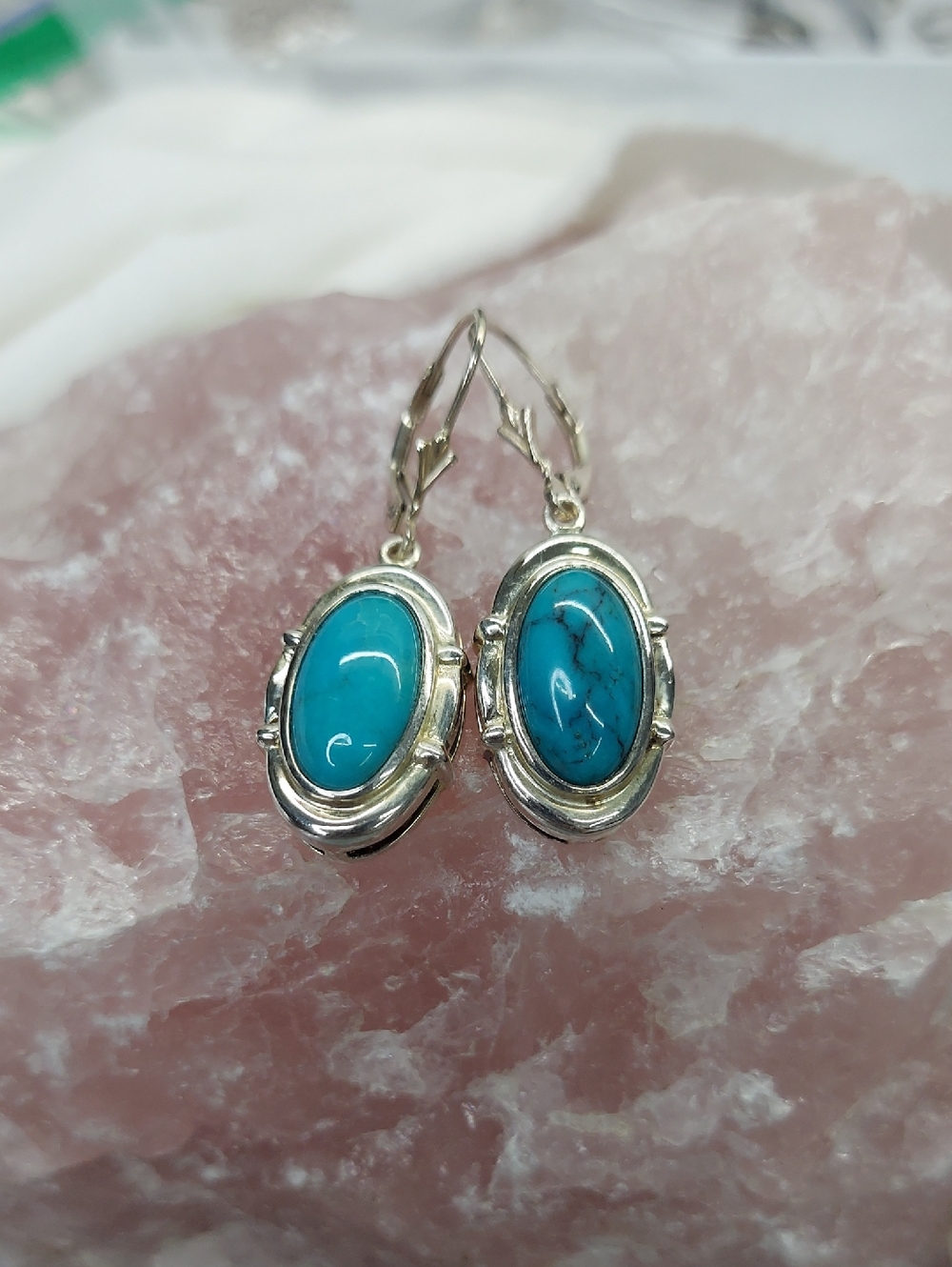 Turquoise Oval Drop Earrings in Silver-Tone Setting